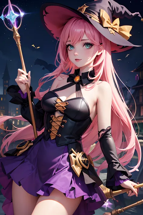 Make an art of the lux of the game League of Legends in the Halloween style Witch with light pink hair, Your staff is a broom , ela esta em uma cidade no tema de hallowen e se veste de forma comportada, adicione fundos a imagem