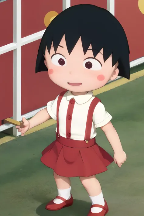 chibi maruko-chan、chibi, cbmrk, suspenders, a dark-haired, short-hair, a red skirt, white  shirt, a smile, balconies