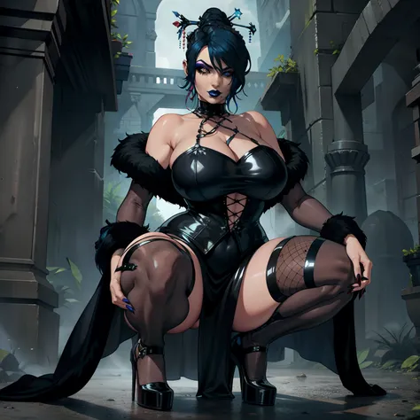 thicc gothic female wearing sexy fur lined dress, has blue hair, thicc, wearing fishnets, squatting, nsfw, lewd, black lipstick,...