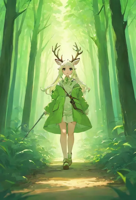 Fresh green gradient，In the forest，A white deer leads the way ahead，He was followed by a Chinese girl dressed in red。