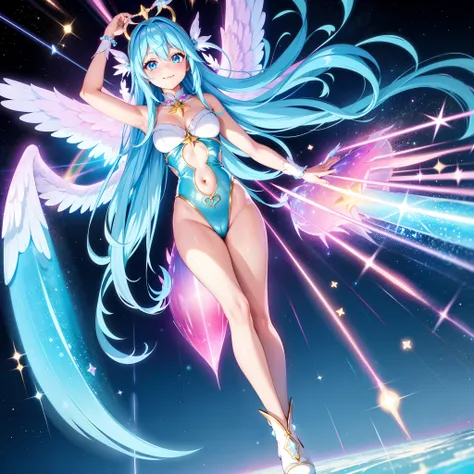 Super Idol　a beauty girl　A charming smile　sky blue hair　Twin-tailed long hair　Glittery bright pink and white and blue and yellow leotards　Facing straight ahead、arms spread wide、Spread 6 large iridescent angel wings on the back　Mystical　Spectacular sparklin...