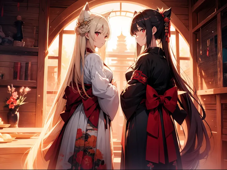 twin fox girl , standing with their backs to each other , dutch angle ,character focus, cowboy shot,cinematic angle ,Japanese clothing, red eyes, growing eyes,high resolution,(incredibly absurdres),anime visual,extremely detailed CG unity 8k wallpaper, ((m...