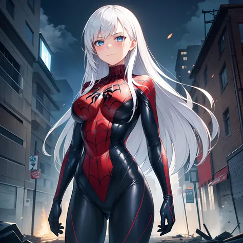 1girl,big breasts,standing in ruined city,(8k),scratches,detailed face,white hair,navy blue eyes,long hair,embarassed,small smile face,high_res, high_definition,the battlefield,Heroic pose,dark suit,(symbiote spider man Custome:1.1),