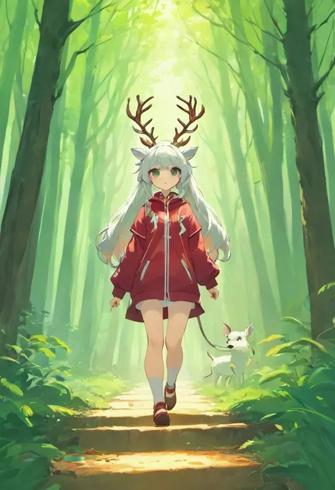 Fresh green gradient，In the forest，A white deer leads the way ahead，He was followed by a Chinese girl dressed in red。。