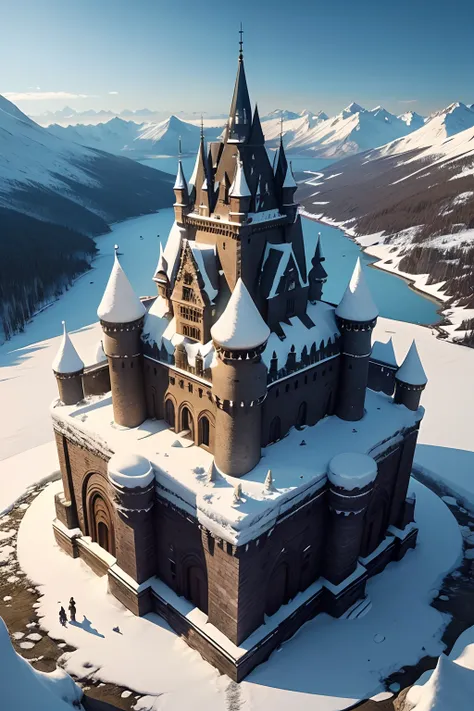 a castle made of stones amidst the snow, a lake with ice next to it, seen from afar and from above, with forests next to it