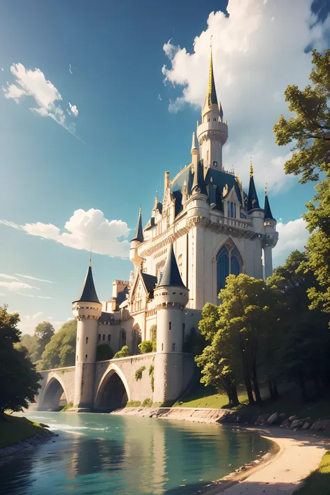 a white and gold castle in the middle of the city, a river running alongside, seen from afar, with forests alongside