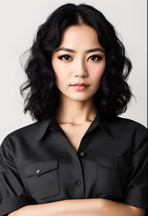 front view, looking at camera, RAW photo,((black shirt:1.2)), ((portrait)),beautiful black hair 30 years old woman, black eyes, perfecteyes eyes, ((white background:1.2)), studio lighting, high quality, film grain, Fujifilm XT3, centralized