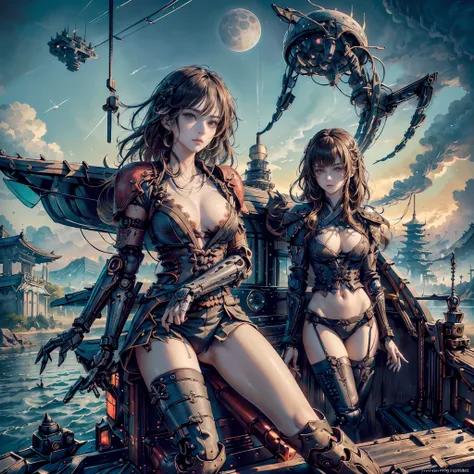 Cinematic lighting,super detailed skin、Beautiful detailed eyes、Best Quality,cyberpunked,(Alternative、dim colors, Soothing tones:1.3),(Girl On The Boat:1.5)、NSFW(1beautiful woman、A dark-haired、Brown hair、Detailed beautiful facial features:1.3)(Kimono with l...