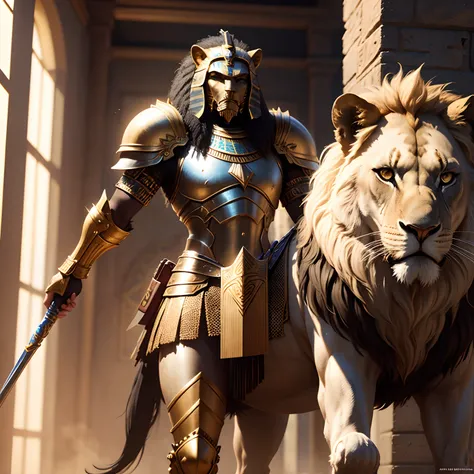 Egyptian Lion warrior in realistic 4K armor, full entire body,Super Detailed, Vray Display, Unrealistic engine, Midjourney Art Style.