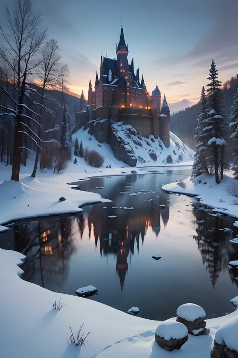 a castle made of stones amidst the snow, a frozen lake next to it, seen from afar, with forests next to it