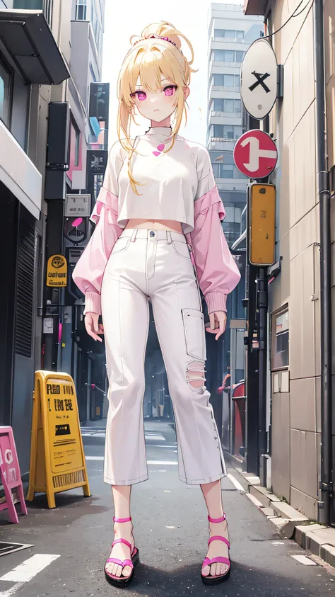 Light yellow hair，Double ponytail hairstyle，Pink eyes，Pink pupils，teens girl，White top，denim pant，Crop topping，Wear sandals on your feet，full-body photo on the front，All body，Fingers and arms are not exposed，Background street