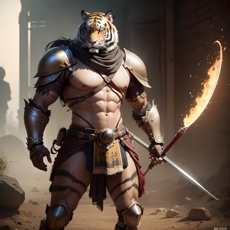 Indian Tiger Warrior in Realistic 4K Armor, full entire body,Super Detailed, Vray Display, Unrealistic engine, Midjourney Art Style.