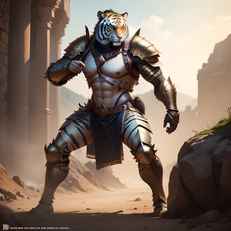 Indian Tiger Warrior in Realistic 4K Armor, full entire body,Super Detailed, Vray Display, Unrealistic engine, Midjourney Art Style.