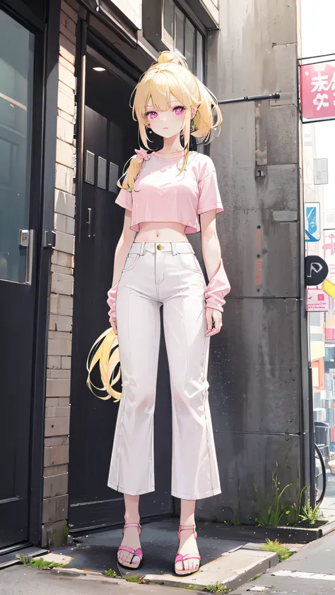 Light yellow hair，Double ponytail hairstyle，Pink eyes，Pink pupils，teens girl，White top，denim pant，Crop topping，Wear sandals on your feet，full-body photo on the front，All body，Fingers and arms are not exposed，Background street