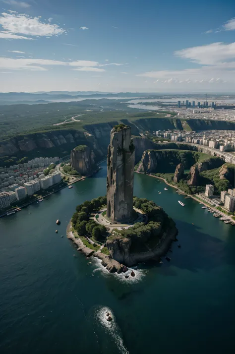 (highest quality, high resolution, masterpiece, photography), a photograph of a city from above with a gargantuan rock monolith in the middle of it, one monolith