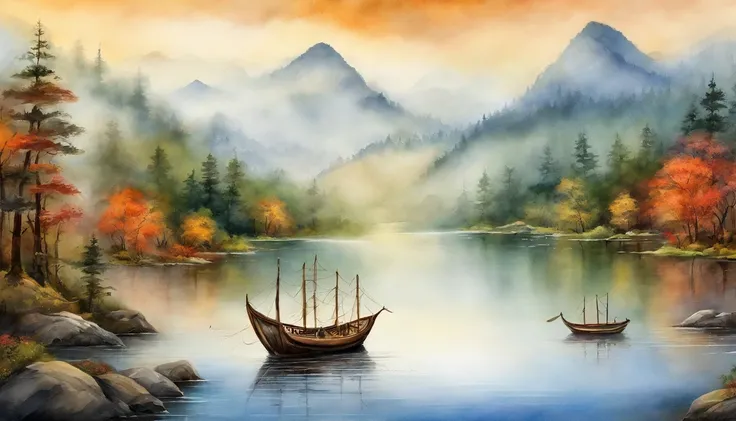 Paint a mountainous landscape with a lake and boats, Illustration matte painting, , chinese surrealism, Chinese landscape, Inspired by Kanō Naizen, Chinese style painting, symmetric matte painting, Detailed scenery —width 672, japonisme 3 d 8 k ultra detai...