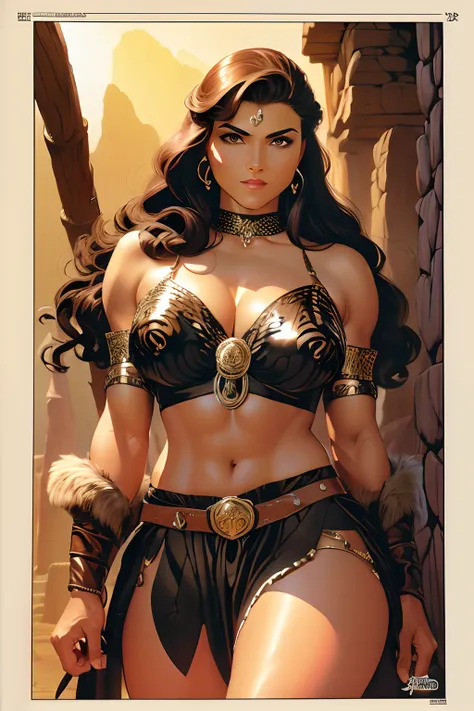 Arte primorosa inspirada John Buscema,1mulher barbara, cabelos longos ondulados, cabelos negros, olhos azuis, corpo delgado atraente, Medium breasts covered by a chainmail, shorts made of leather and boots made with bearskin, olhar arrogante, pose sensual ...