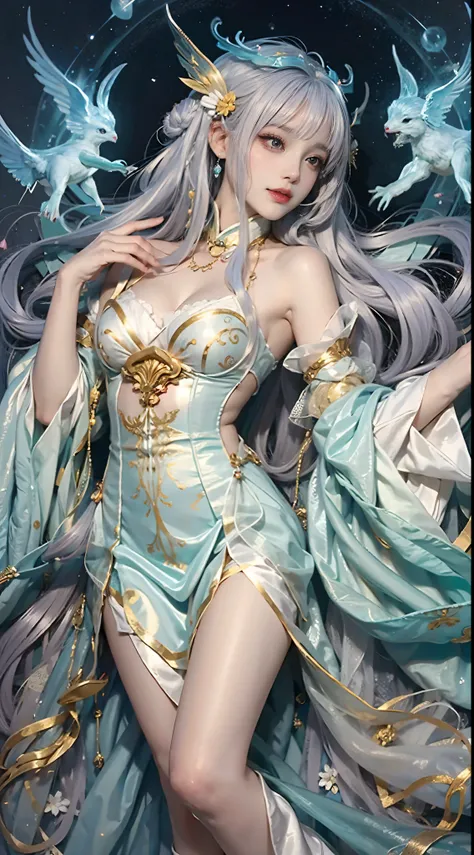 Close-up of a woman in costume on stage, Whole body xylose, Beautiful celestial mage, a stunning young ethereal figure, beautiful fantasy empress, astral witch clothes, shaxi, flowing magical robe, Hanfu Blanco, xianxia fantasy, belle delphine, Ethereal fa...