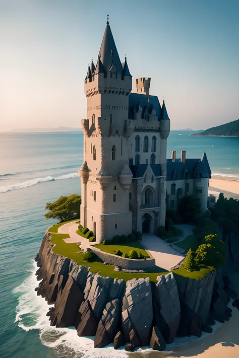 a stone castle, on the beach, with a wall, in the late afternoon, with a statue in front, with a forest to the side, seen from afar and from above