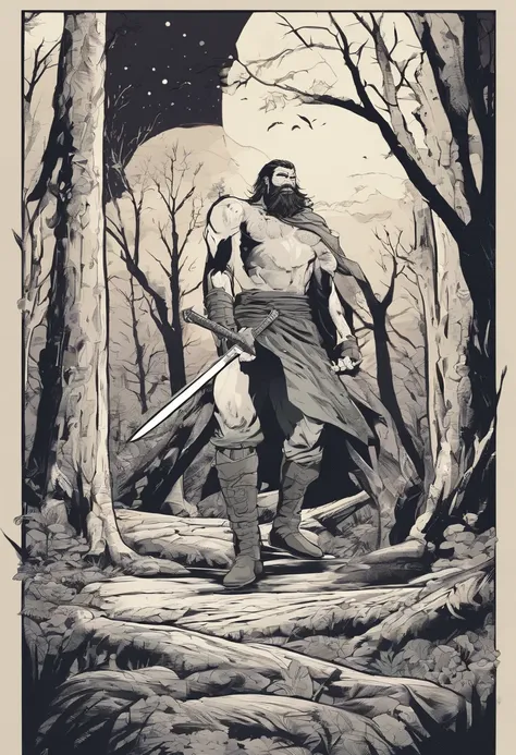 Strong man holding his mighty sword on the ground has dead people and in the background a forest of terror at night