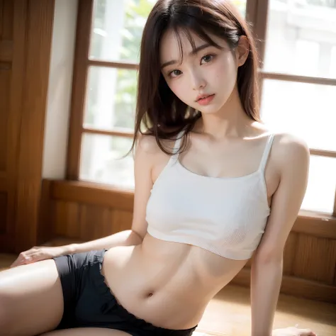 arafed asian woman in a tang top and short pants posing for a picture, wearing tight simple clothes, tang top, korean girl, gorgeous young korean woman, wearing tang top, wearing a sexy cropped top, beautiful asian girl, beautiful young korean woman, japan...