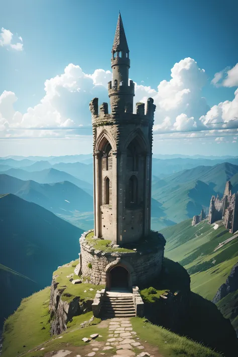 a destroyed stone travel tower on top of a mountain