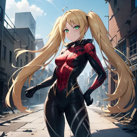 1girl,medium breasts,standing in ruined city,(8k),scratches,detailed face,blond hair,green eyes,long hair,twintails,embarassed,small smile face,high_res, high_definition,the battlefield,Heroic pose,dark suit,(symbiote spider man Custome:1.1),