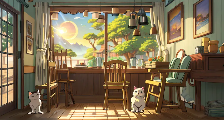 There was a cat sitting in the room，There was a table and chairs, Relaxing concept art, highly detailed scenario, cozy home background, Anime background art, cozy cafe background, the setting sun，apartament, Detailed scenery —width 672, interior background...