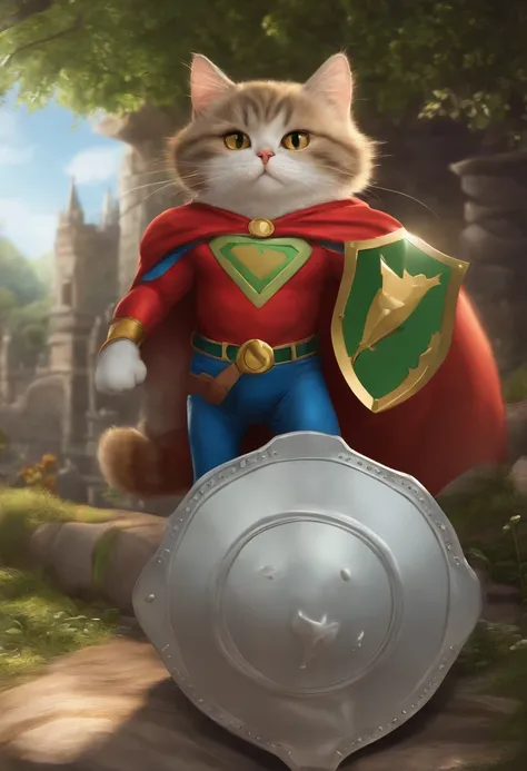 Super Cat, super hero cat, holding a shield，a watering can_Guibli_anime big breast_Style style, 2D