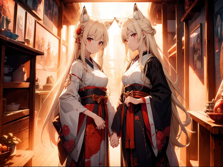 twin fox girl ,  holding both hands with each other , standing, dutch angle ,character focus, cowboy shot,cinematic angle ,Japanese clothing, red eyes, growing eyes,high resolution,(incredibly absurdres),anime visual,extremely detailed CG unity 8k wallpape...