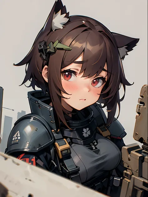 masterpiece, 8k, high quality, 1 girl, cat ears, (face portrait), red eyes, stockings, fingerless gloves, brown hair, (closeup), armor insert, ballistic plate, platecarrier, tactical armor, tactical vest, chest rig, military, bulletproof armor, security eq...