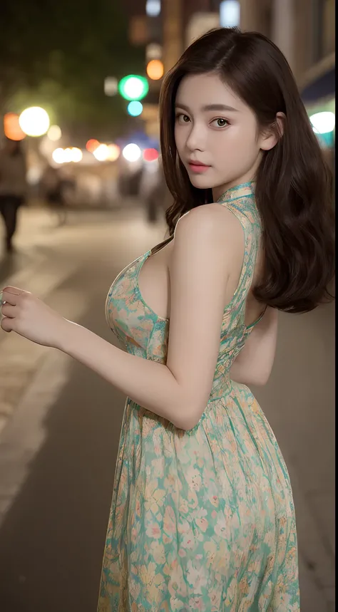 ((top-quality、8K、​masterpiece、:1.3))、1girl in、Amazing beauty，full body Esbian、Slim Faces、Pretty women、(dark brown hair)、White cheongsam:1.1、Super Detailed Face、detailedeyes、二重まぶた、blurry backround、Slim Faces、nighttime scene、appearance、Street、raw,Back，Walkin...