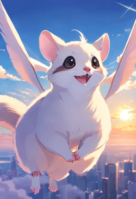 1 sugarglider, adolable, cartoony, white hair, best quality, masterpiece, floating in the sky, close-up, pure white background, 2d illustration