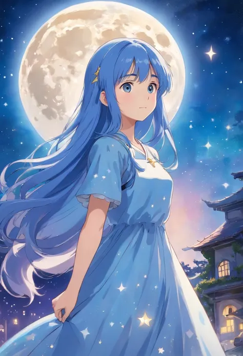 (best quality, masterpiece), 1girl, moon , glitter, dress, particle, stars, upper body, looking at viewer, blue long hair