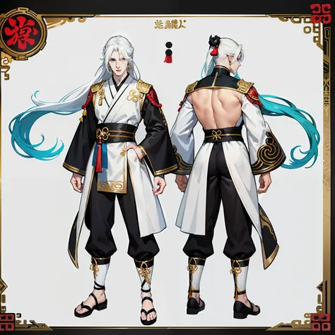 Pale skin man, male, black eyes, white hair, long hair, anime style, 4k image, full body, holographic background, Character sheet, Handsome male. Perfect face, 6 ft 5 tall man. White hair. Long hair. Grey eyes. Eyepatch. Earrings. Toned body. Muscular male...