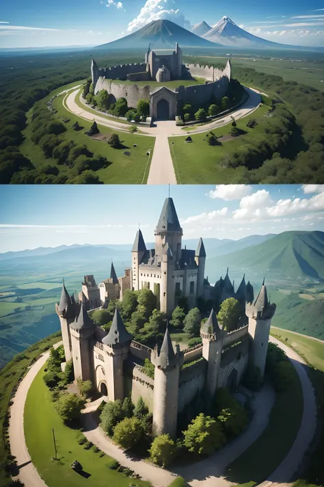 a stone castle in the middle of the
 city, next to a volcano, a clay road in front and a forest on the other, seen from above and from a distance