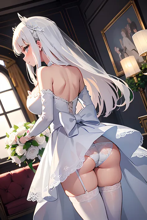 The 8k quality, Ultra-high quality rendering, High Quality Anime Bride, masutepiece, (Wide Angle), (Single Bride), (View from the back: 1.5), (White off-the-shoulder bride dress), (Back view of the bride), White transparent A veil, Platinum Blonde Hair, (B...