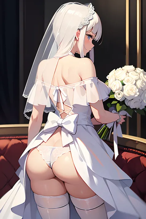 The 8k quality, Ultra-high quality rendering, High Quality Anime Bride, masutepiece, (Wide Angle), (Single Bride), (View from the back: 1.5), (White off-the-shoulder bride dress), (Back view of the bride), White transparent A veil, Platinum Blonde Hair, (B...