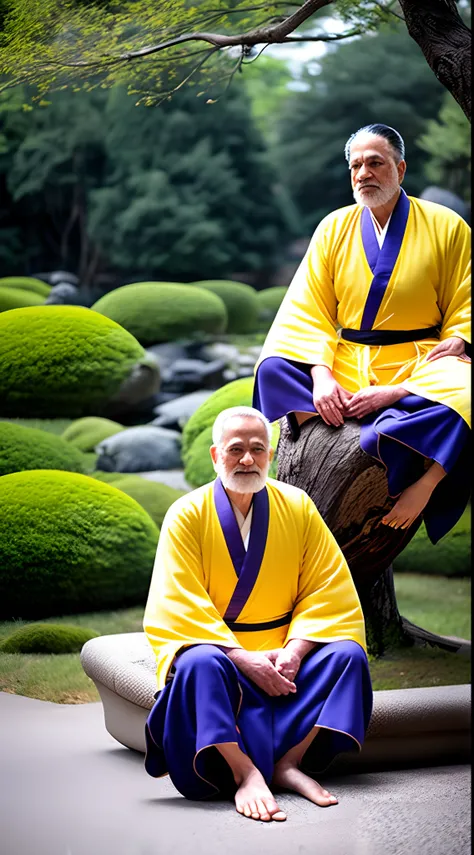 a wise man, with no beard, wearing traditional robes, sitting in a contemplative pose, and looking directly at the camera with a serene expression.