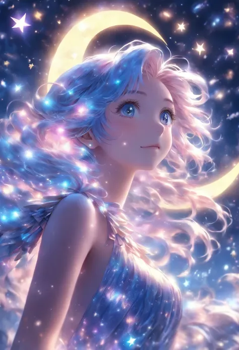 (best quality, masterpiece), 1girl, moon , glitter, dress, particle, stars, upper body, looking at viewer, blue long hair