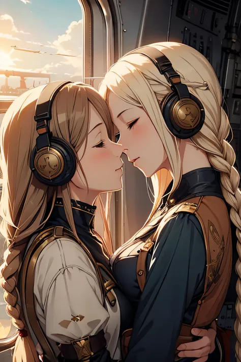 two mature women kissing, eyes closed, on old airplane, sunny, range murata, last exile, steampunk, decorative headphones, very long flowing hair, braided hair, hair decorations, golden halo, art nouveau, revealing clothing, beautiful sky