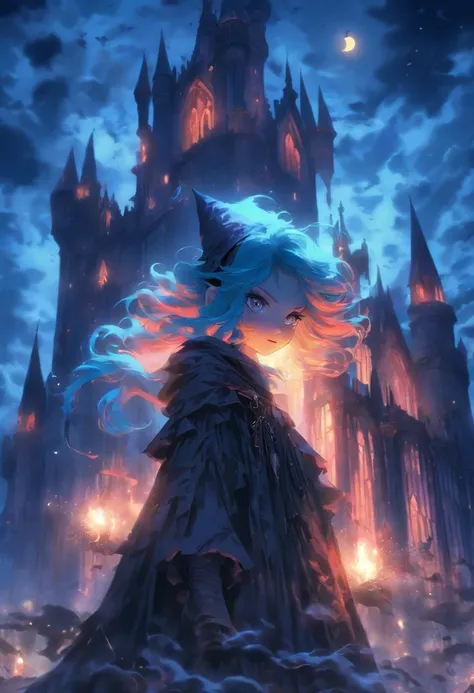 (blue-haired witch),moonlit gothic castle,illustration,detailed,dark atmosphere,stormy clouds,hauntingly beautiful, ethereal,enchanted,flying broom,crescent moon,spooky atmosphere,gloomy, mystical,vibrant colors,shadows and contrast,crimson and indigo hues...