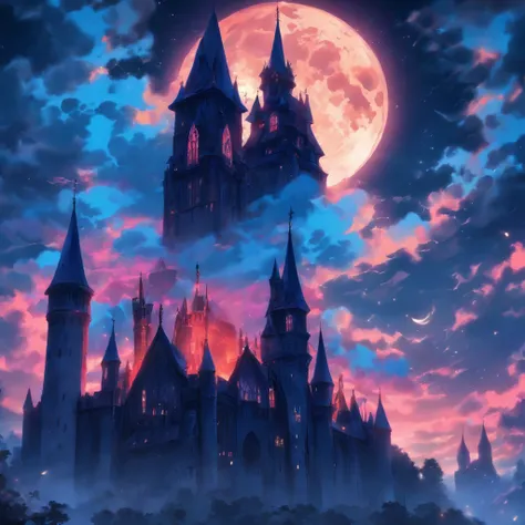 (blue-haired witch),moonlit gothic castle,illustration,detailed,dark atmosphere,stormy clouds,hauntingly beautiful, ethereal,enchanted,flying broom,crescent moon,spooky atmosphere,gloomy, mystical,vibrant colors,shadows and contrast,crimson and indigo hues...