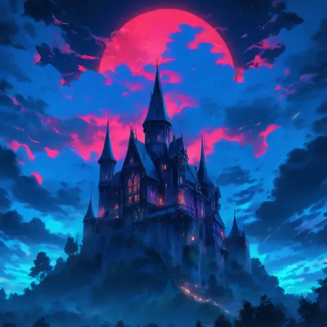 (blue-haired witch),moonlit gothic castle,illustration,detailed,dark atmosphere,stormy clouds,hauntingly beautiful, ethereal,enchanted,flying broom,crescent moon,spooky atmosphere,gloomy, mystical,vibrant colors,shadows and contrast,crimson and indigo hues...