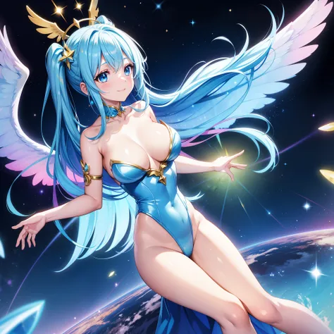 Super Idol　a beauty girl　large full breasts　A charming smile　sky blue hair　Twin-tailed longhair　Glittery bright pink and white and blue and yellow leotards　Facing straight ahead、arms spread wide、Spread the wings of 6 big big iridescent angels on the back　M...