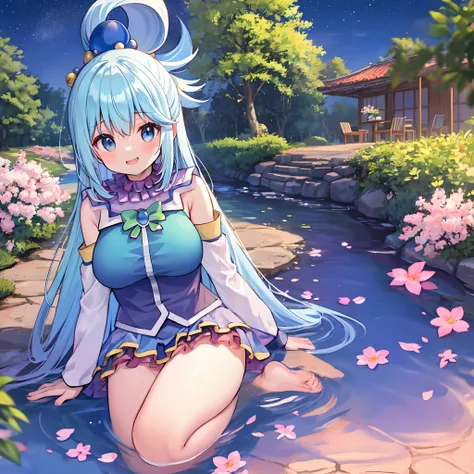 aqua, sakura, floresta, tronco, lago, feliz, cabelos azuis, noite, orelhas de elfa