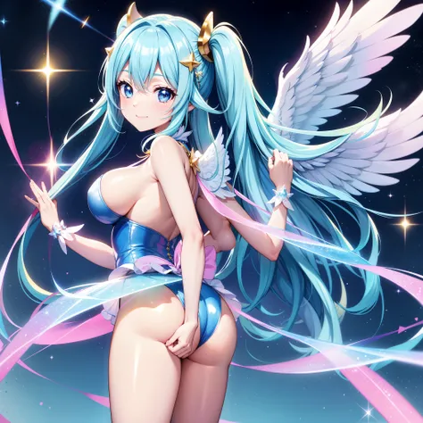 Super Idol　a beauty girl　large full breasts　A charming smile　sky blue hair　Twin-tailed longhair　Glittery bright pink and white and blue and yellow leotards　Facing straight ahead、arms spread wide、Spread the wings of 6 big big iridescent angels on the back　M...