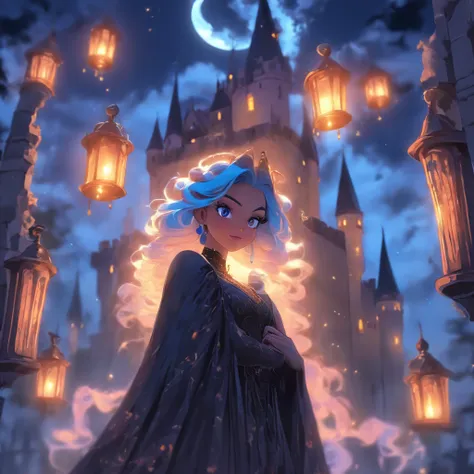 (best quality,4k,8k,highres,masterpiece:1.2),ultra-detailed,(realistic,photorealistic,photo-realistic:1.37),Female blue haired witch,moonlit castle,casting glowing blue spells,umbrella,gothic lolita dress,night scene,enchanted atmosphere,detailed stars in ...