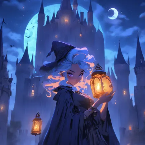 (best quality,4k,8k,highres,masterpiece:1.2),ultra-detailed,(realistic,photorealistic,photo-realistic:1.37),Female blue haired witch,moonlit castle,casting glowing blue spells,umbrella,gothic lolita dress,night scene,enchanted atmosphere,detailed stars in ...