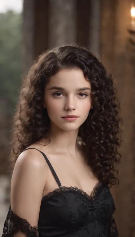 A beautiful and amazing 13 year old Brazilian girl, white skin, full length portrait, free curls, curly black hair (shorter and darker curly hair), long wild black curly hair, multiversal hair, Brazilian, short black curly hair, curly black hair, curls, ex...